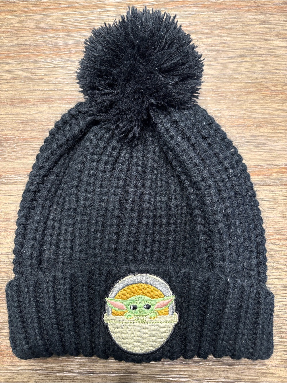 Star Wars Black Kids Pom Beanie with Baby Yoda Patch